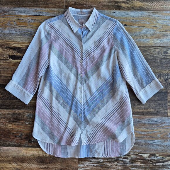 Chico's No Iron Linen Button-Up Shirt 3/4 Sleeve Multicolor Stripe - Picture 4 of 9